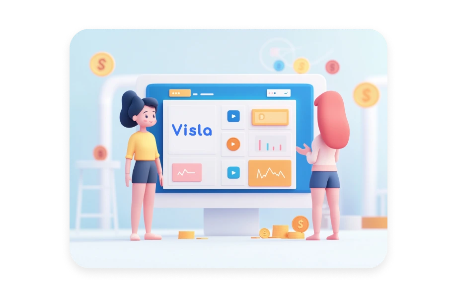 Illustration showing flexible rewards options in the Visla Referral Program, including enhancing Visla projects or cashing out credits.